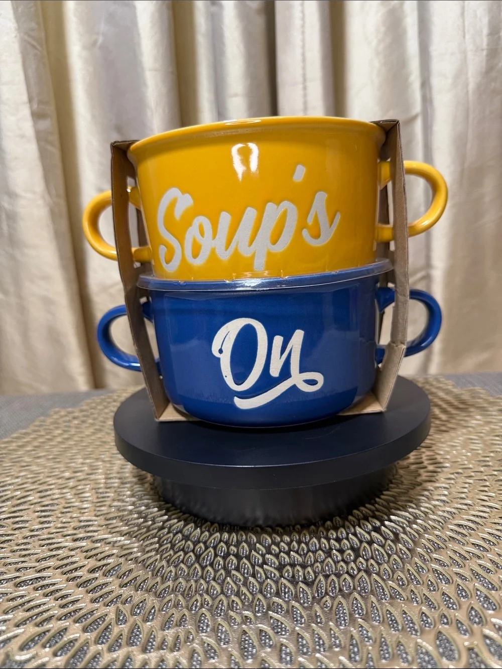 Stacked Ceramic Soup Bowls Set - Yellow & Blue
